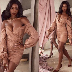HOUSE OF CB 'Indra' Mocha Off The Shoulder Wrap Mini Dress NWOT